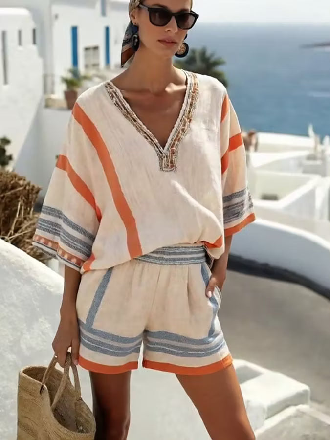 Collette | Women’s Batwing Sleeve V Neck Striped Two Piece Set