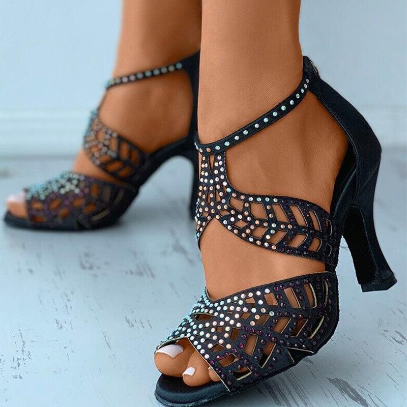 Constance | Women's Ankle Strap Open Toe Black Dance Heels