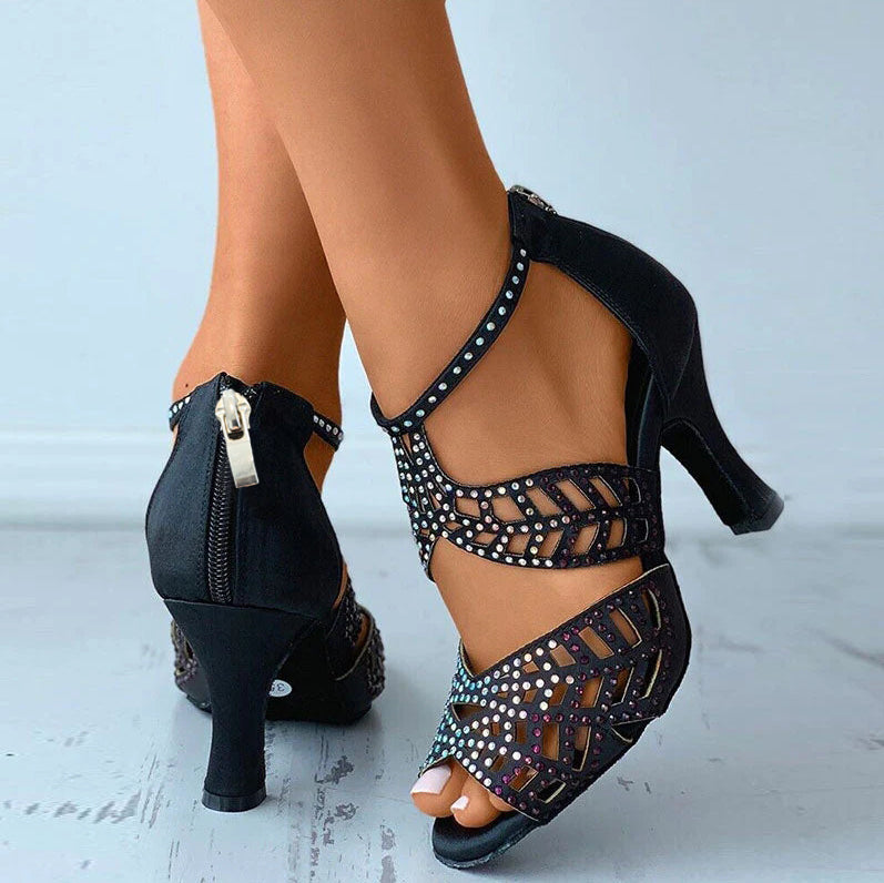 Constance | Women's Ankle Strap Open Toe Black Dance Heels
