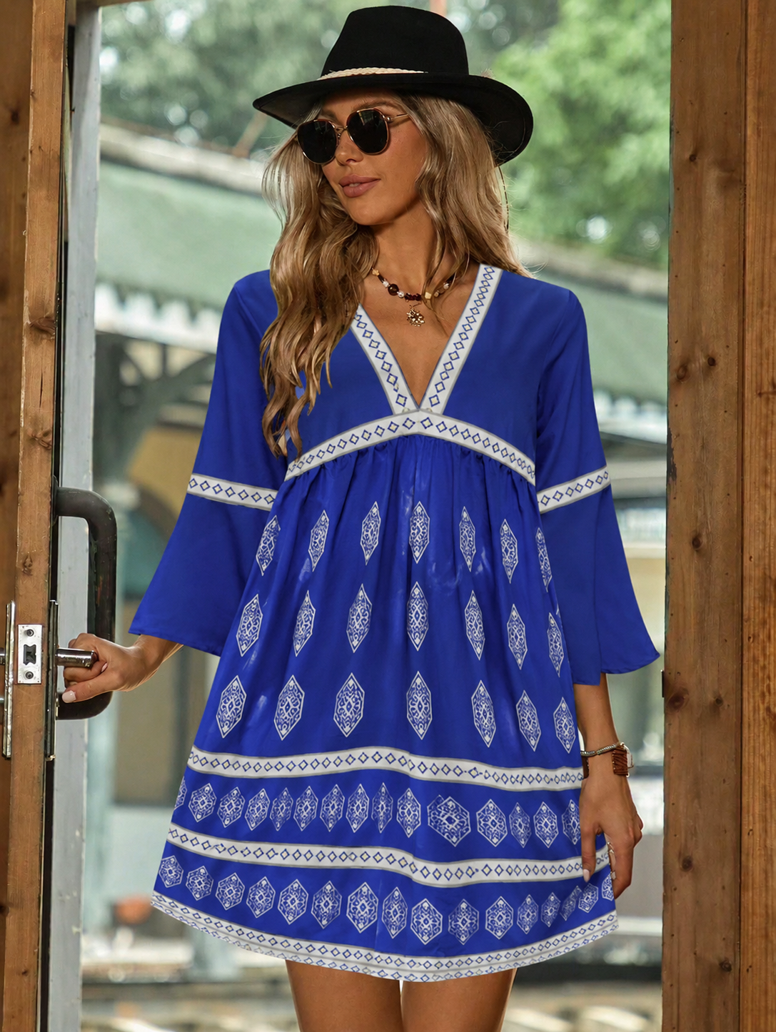 Constance | Women's Flowy Geometric Print V Neck Boho Mini Dress