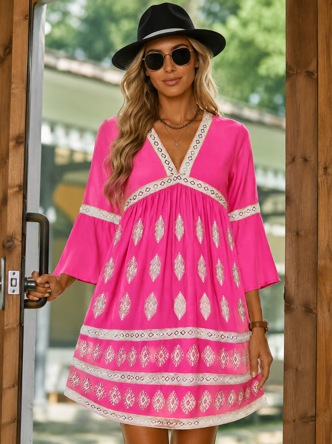 Constance | Women's Flowy Geometric Print V Neck Boho Mini Dress