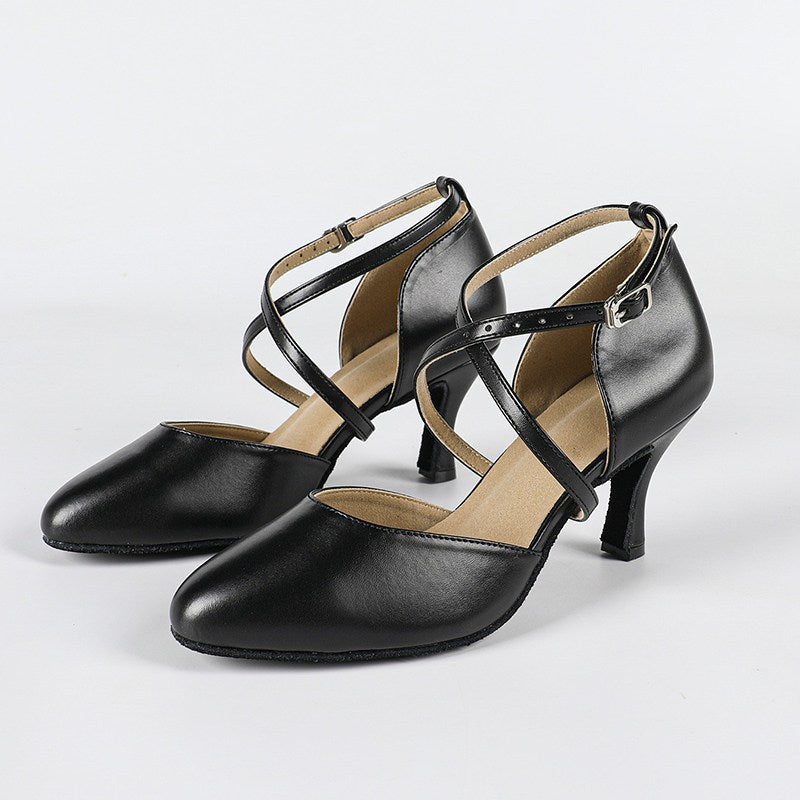 Coraline | Women's Closed Toe Cross Strap Black Dance Heels