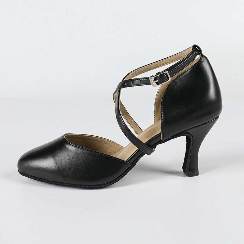 Coraline | Women's Closed Toe Cross Strap Black Dance Heels