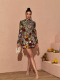 Cordula | Women’s Floral Applique High Neck Long Sleeve Mini Dress