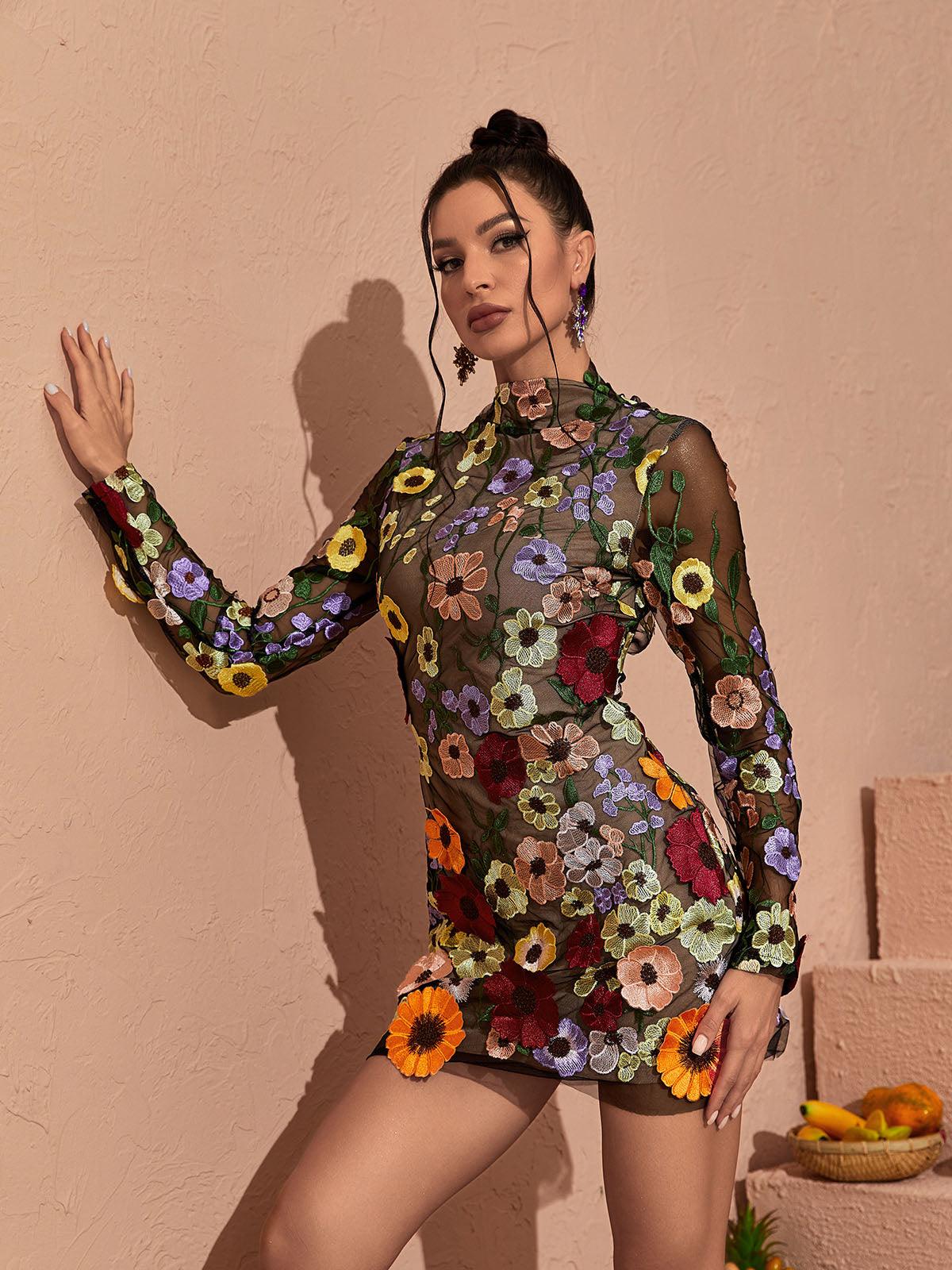 Cordula | Women’s Floral Applique High Neck Long Sleeve Mini Dress