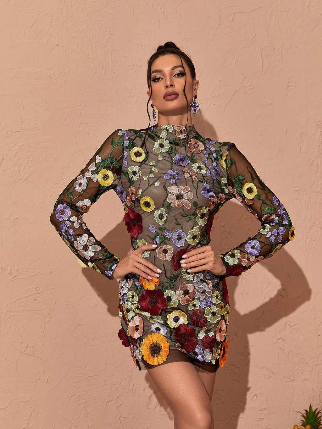 Cordula | Women’s Floral Applique High Neck Long Sleeve Mini Dress