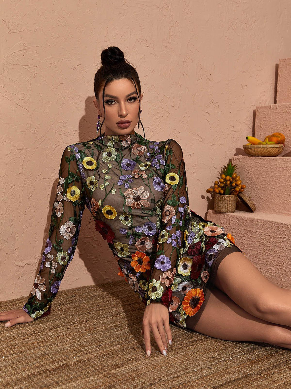 Cordula | Women’s Floral Applique High Neck Long Sleeve Mini Dress