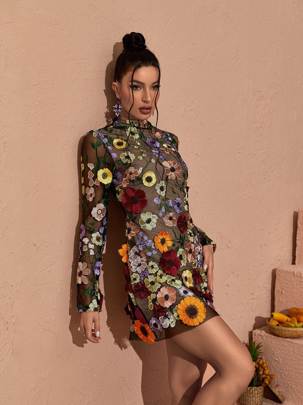 Cordula | Women’s Floral Applique High Neck Long Sleeve Mini Dress