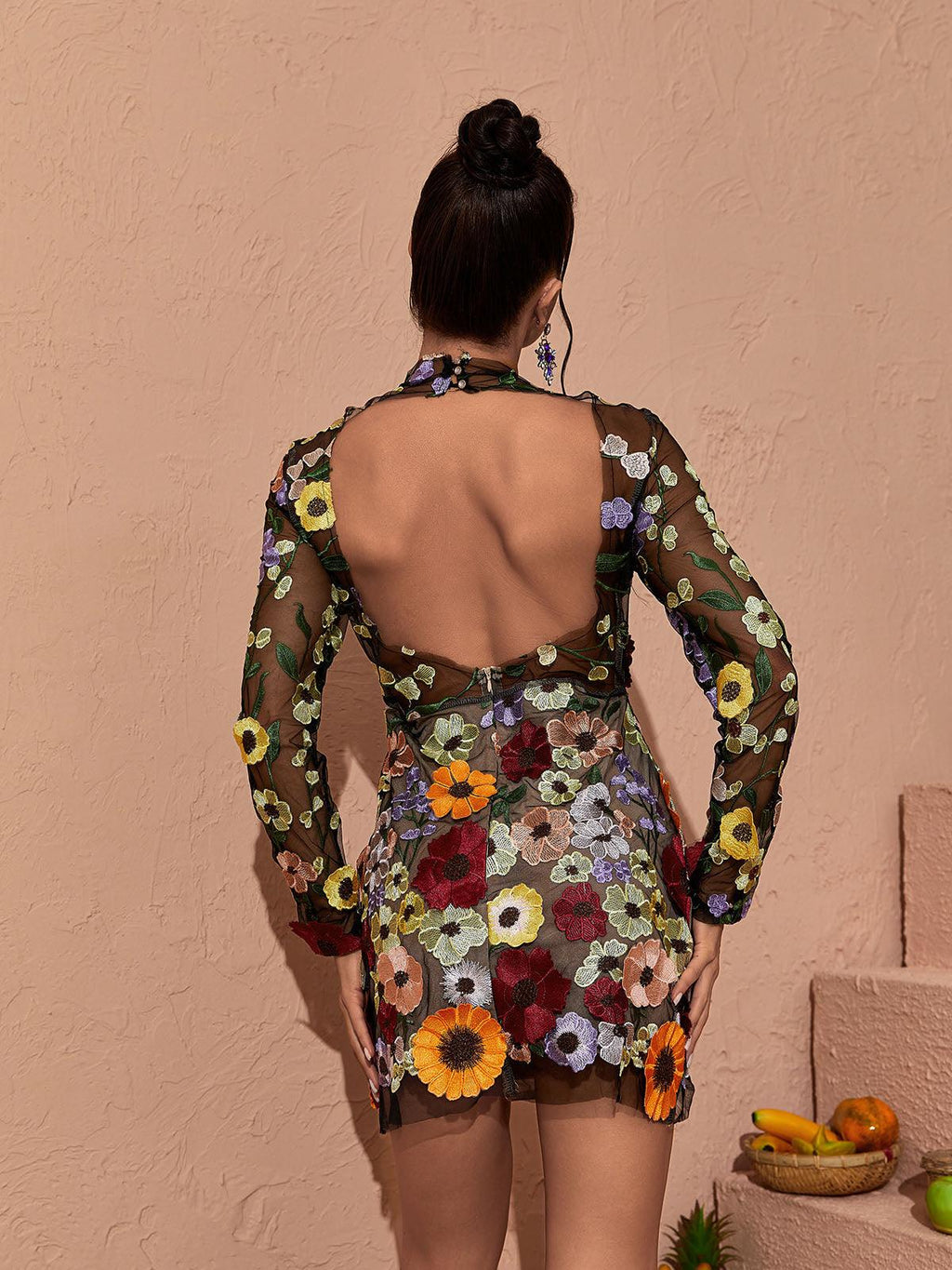 Cordula | Women’s Floral Applique High Neck Long Sleeve Mini Dress
