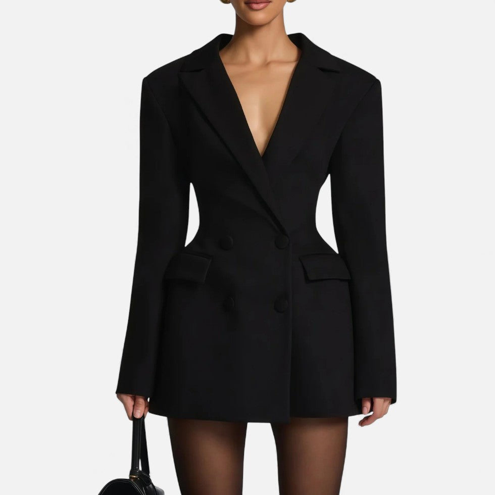 Coyla | Women's Double-Breasted V Neck Black Mini Dress