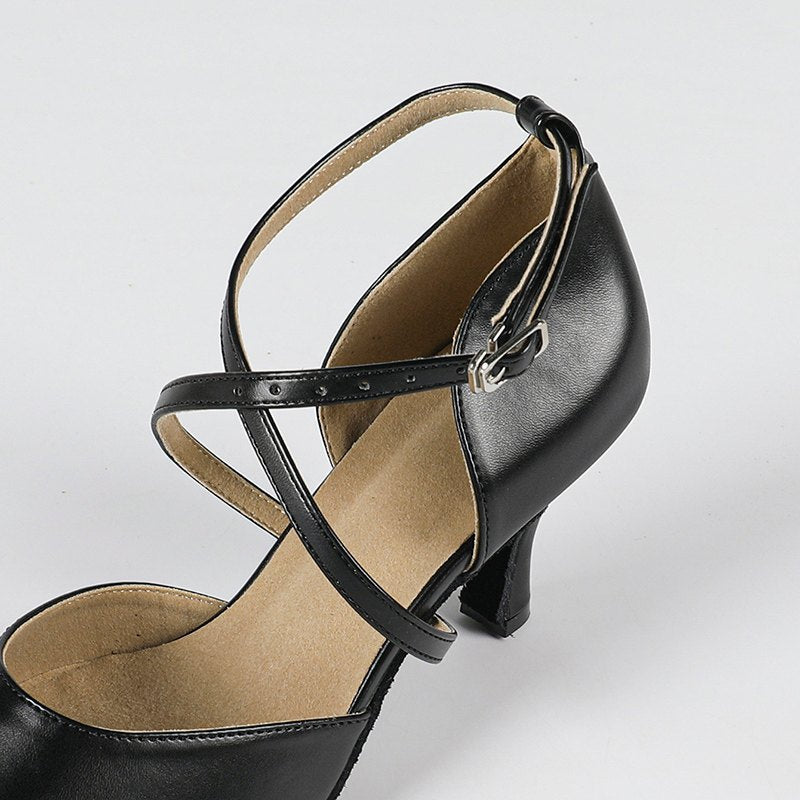 Coraline | Women's Closed Toe Cross Strap Black Dance Heels