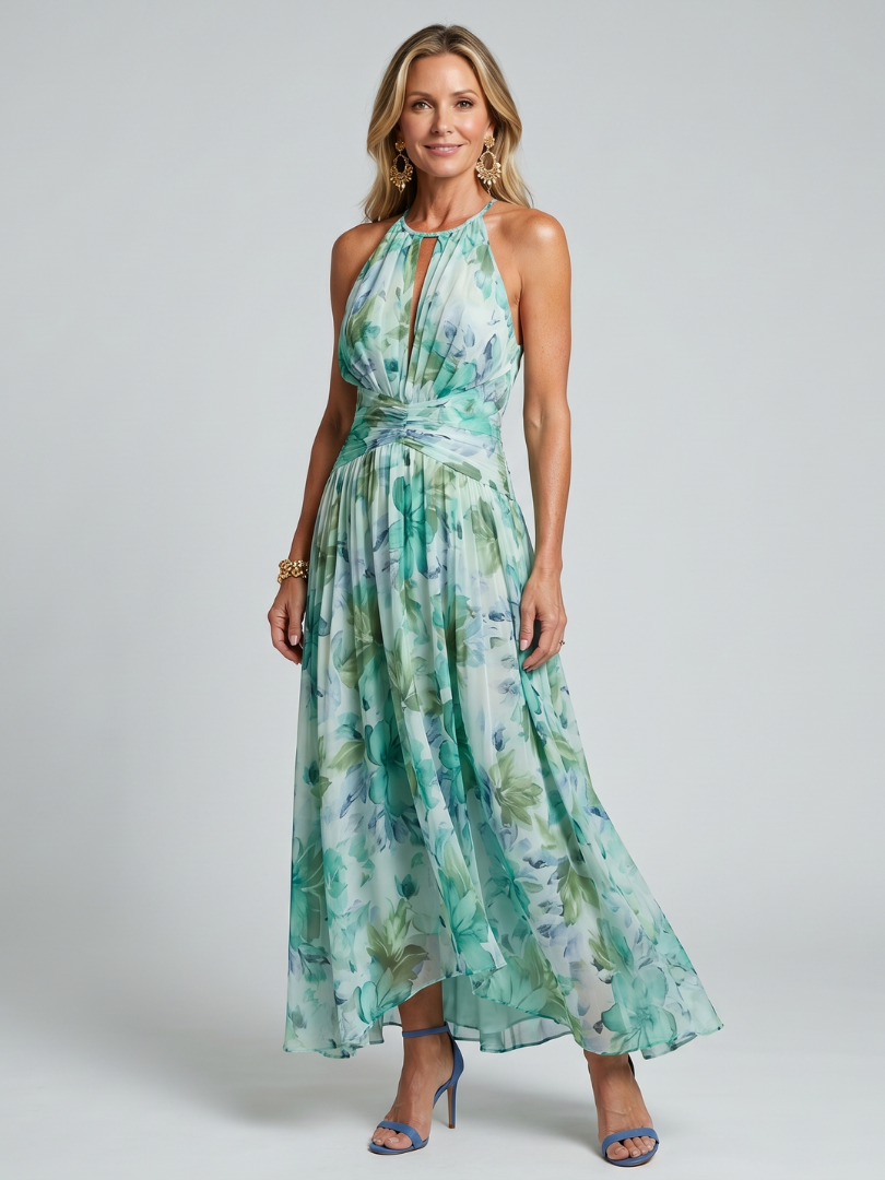 Daesha | Women's Pleated Halter Neck Midi Dress