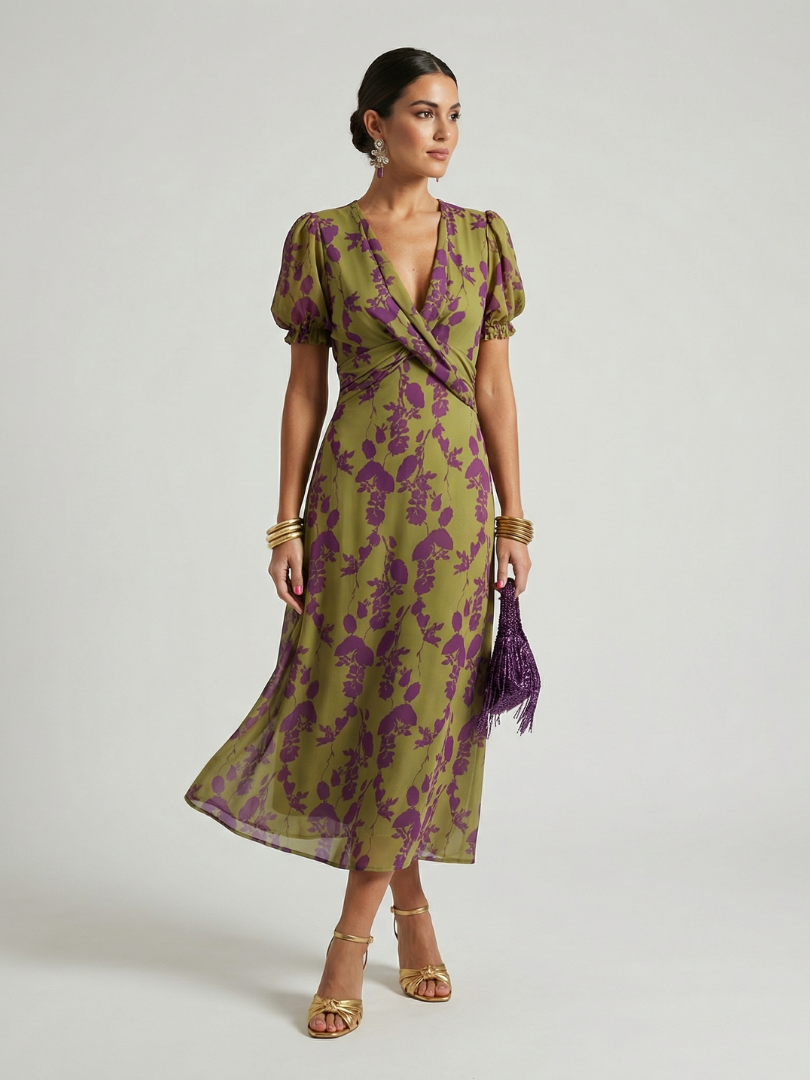 Dagmar | Women's Wrap Floral Puff Sleeve Midi Dress