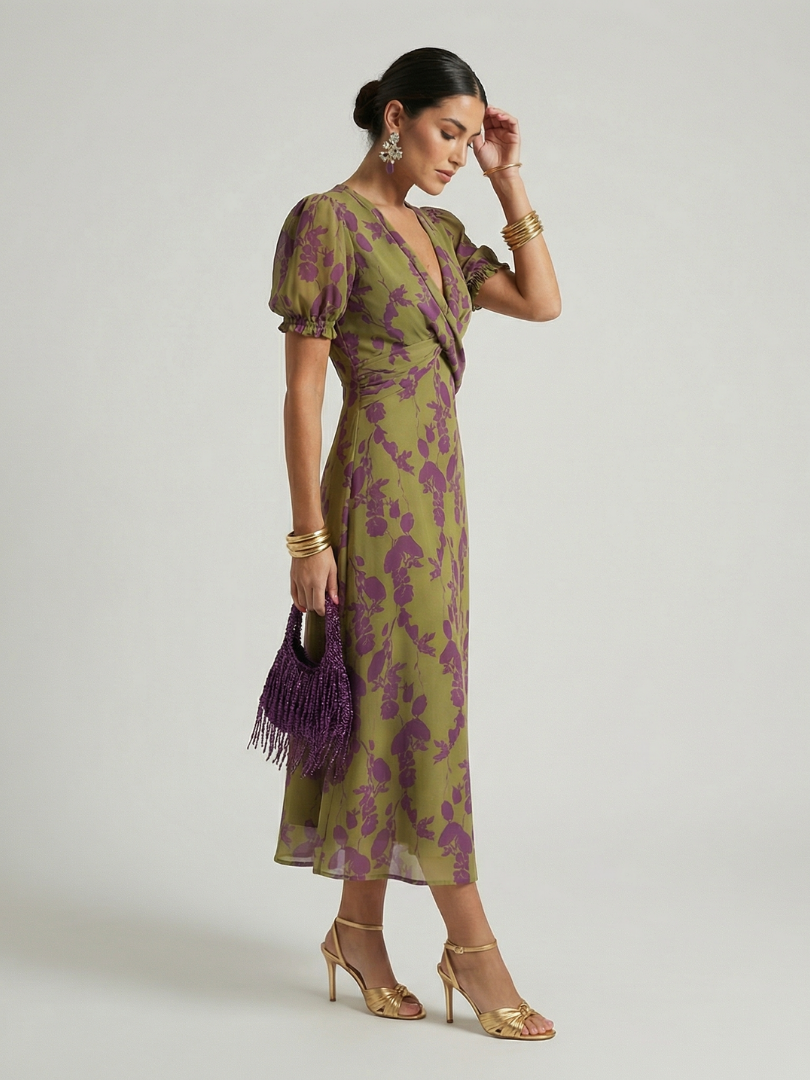 Dagmar | Women's Wrap Floral Puff Sleeve Midi Dress