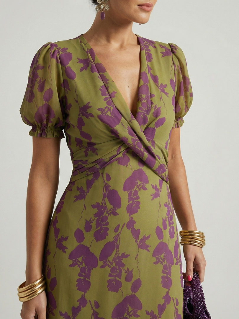 Dagmar | Women's Wrap Floral Puff Sleeve Midi Dress