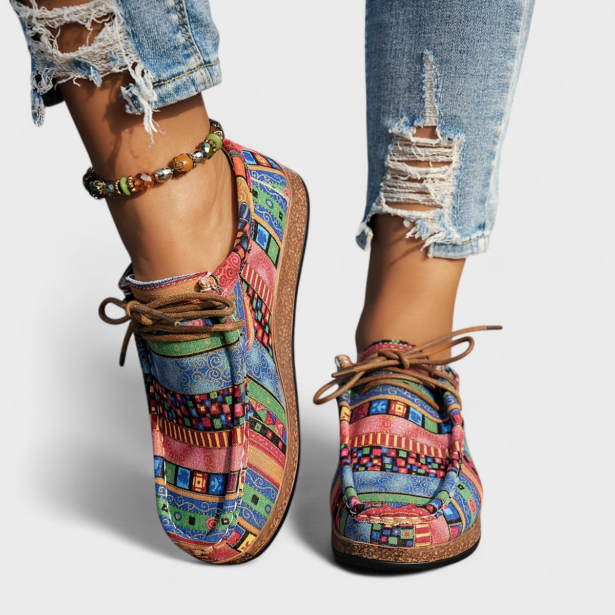 Dahlia | Women's Patchwork Print Round Toe Lace Up Shoes