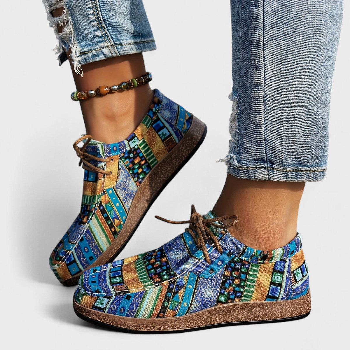 Dahlia | Women's Patchwork Print Round Toe Lace Up Shoes