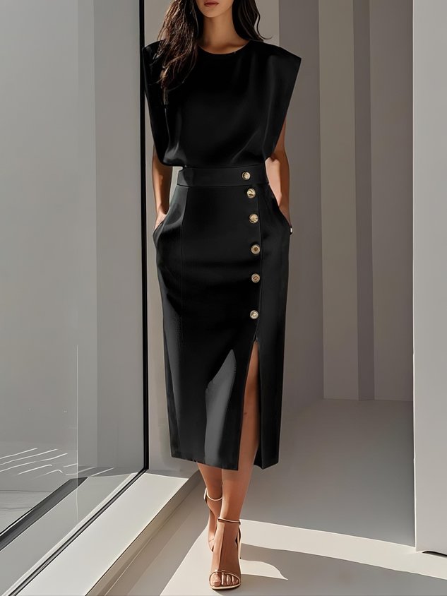 Danielle | Women's Side Button Sleeveless Round Neck Midi Dress
