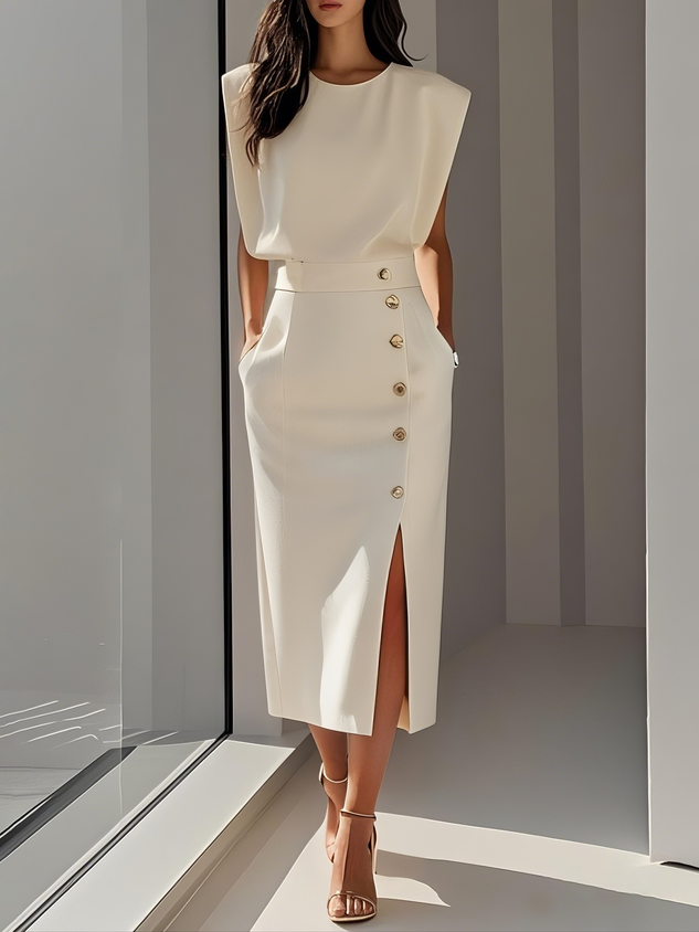 Danielle | Women's Side Button Sleeveless Round Neck Midi Dress