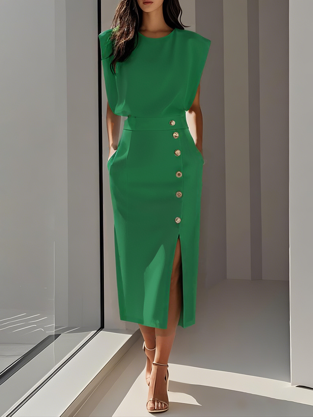 Danielle | Women's Side Button Sleeveless Round Neck Midi Dress