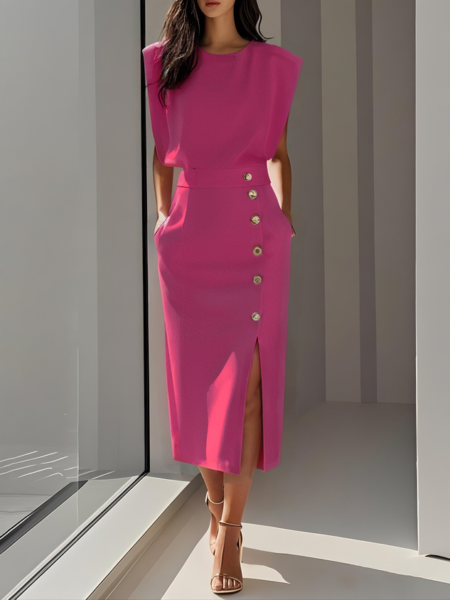 Danielle | Women's Side Button Sleeveless Round Neck Midi Dress