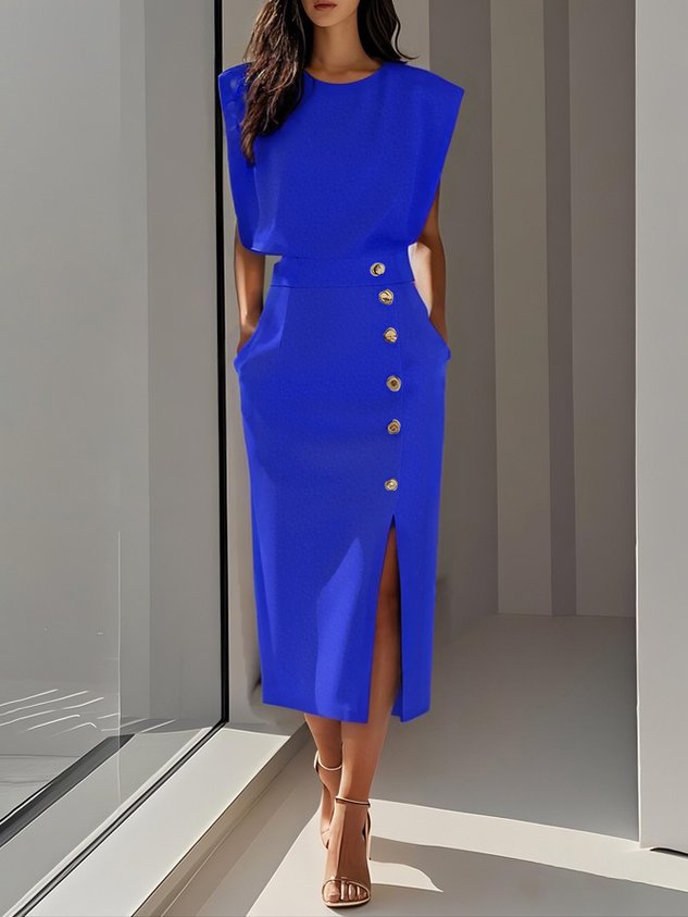Danielle | Women's Side Button Sleeveless Round Neck Midi Dress