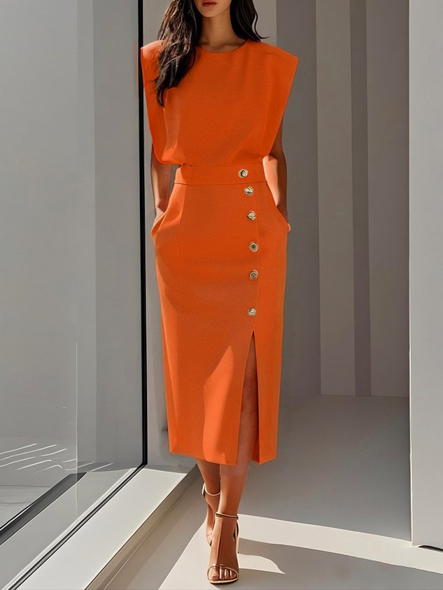 Danielle | Women's Side Button Sleeveless Round Neck Midi Dress