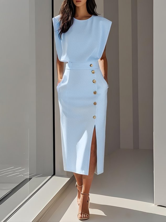 Danielle | Women's Side Button Sleeveless Round Neck Midi Dress