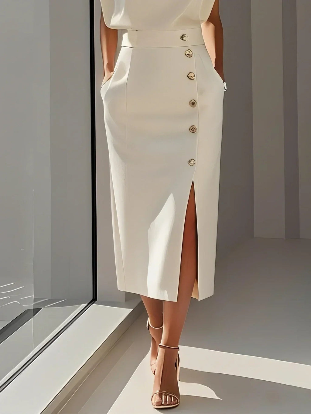 Danielle | Women's Side Button Sleeveless Round Neck Midi Dress