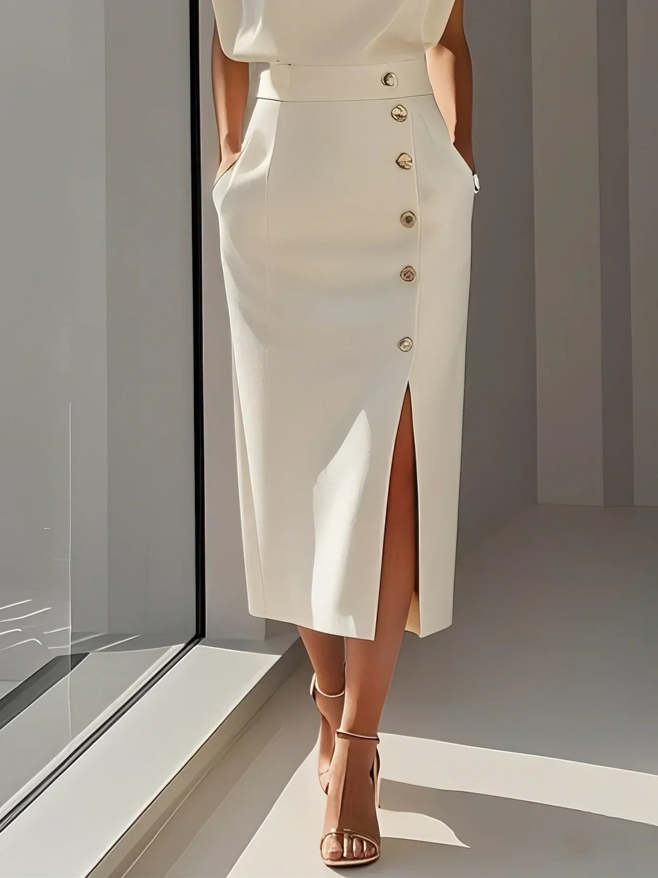 Danielle | Women's Side Button Sleeveless Round Neck Midi Dress