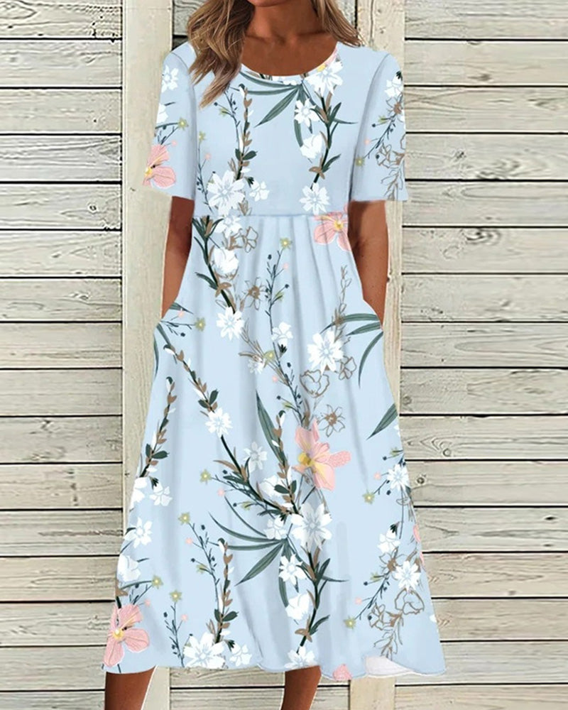 Daphne | Women's A Line Floral Print Round Neck Midi Dress