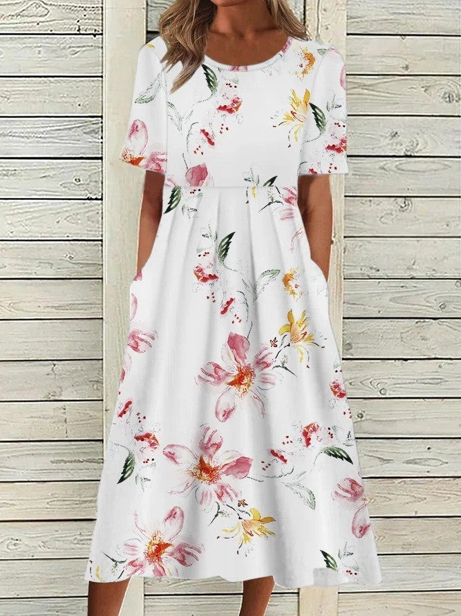 Daphne | Women's A Line Floral Print Round Neck Midi Dress
