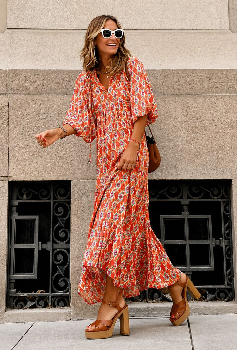 Darnella | Women's V Neck A Line Puff Sleeve Midi Dress