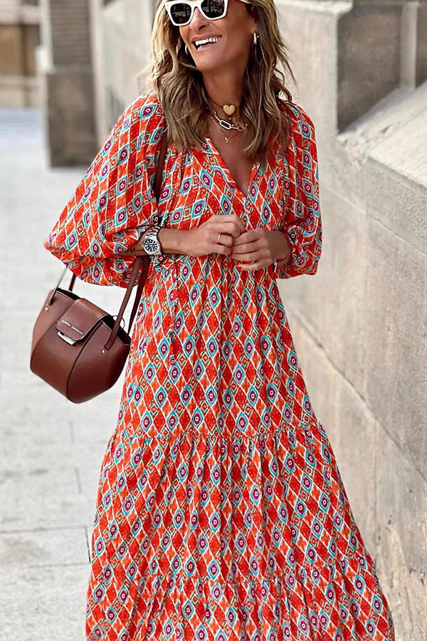 Darnella | Women's V Neck A Line Puff Sleeve Midi Dress