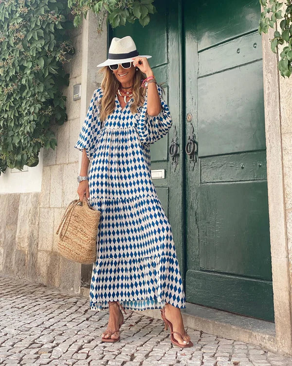 Darnella | Women's V Neck A Line Puff Sleeve Midi Dress