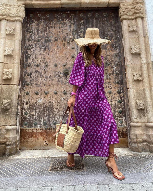 Darnella | Women's V Neck A Line Puff Sleeve Midi Dress