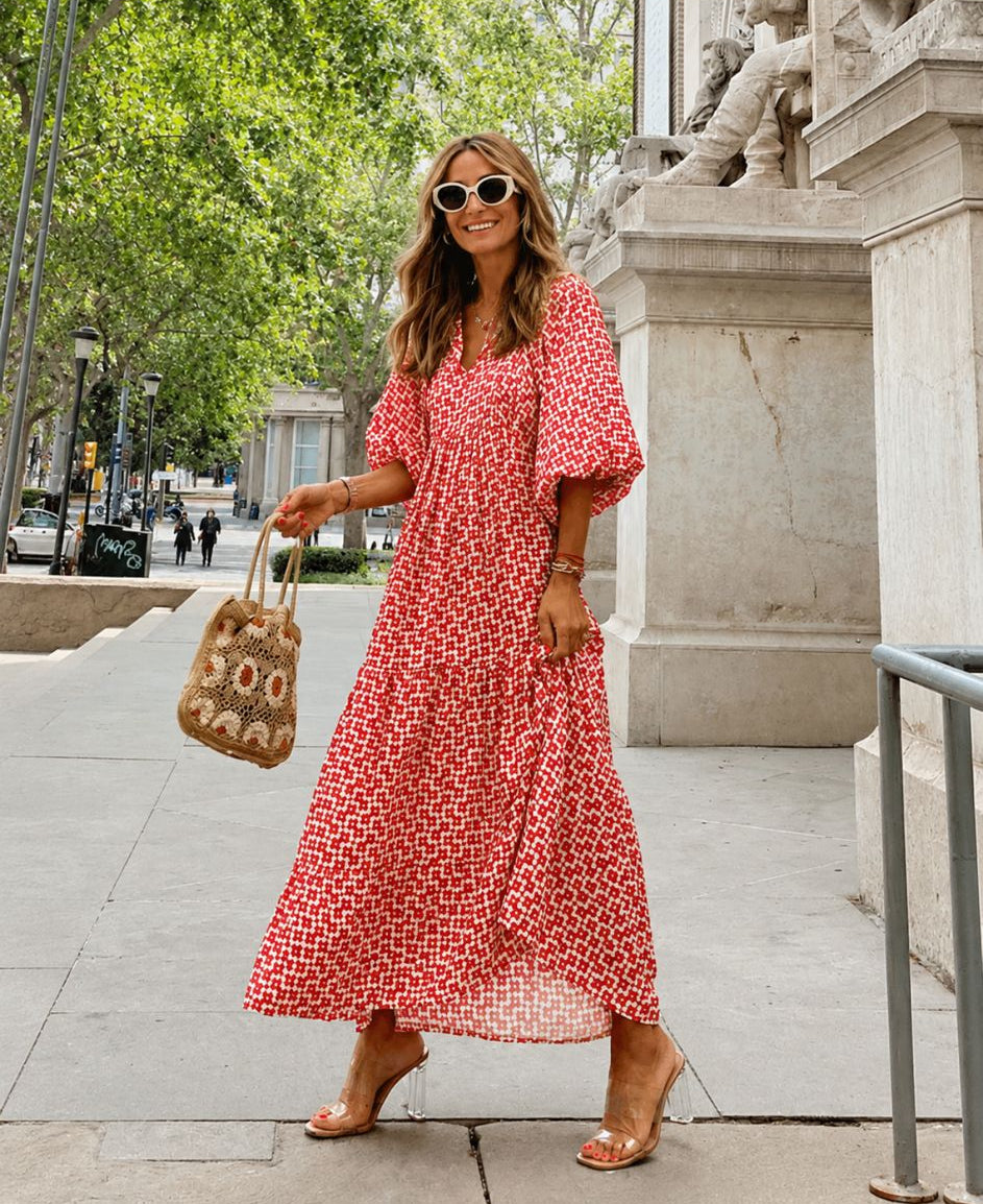 Darnella | Women's V Neck A Line Puff Sleeve Midi Dress