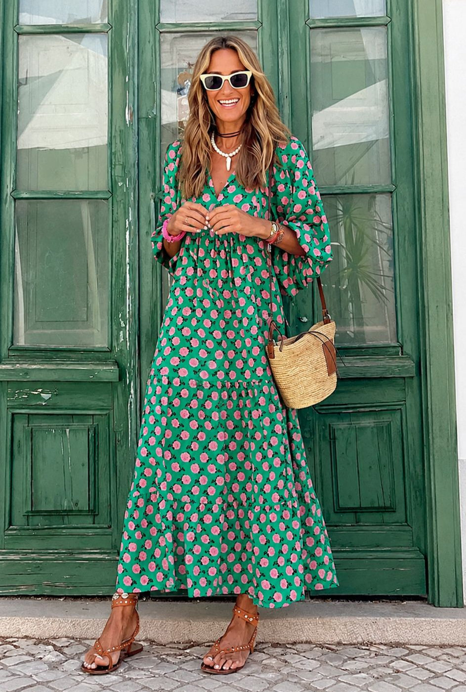 Darnella | Women's V Neck A Line Puff Sleeve Midi Dress