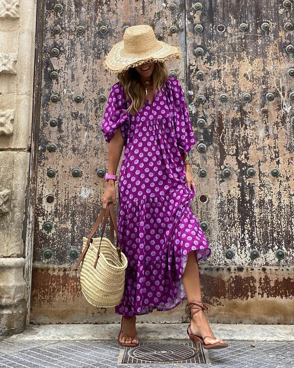 Darnella | Women's V Neck A Line Puff Sleeve Midi Dress
