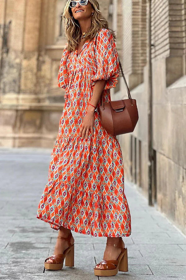 Darnella | Women's V Neck A Line Puff Sleeve Midi Dress