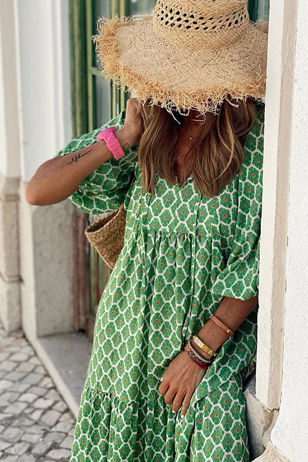 Darnella | Women's V Neck A Line Puff Sleeve Midi Dress