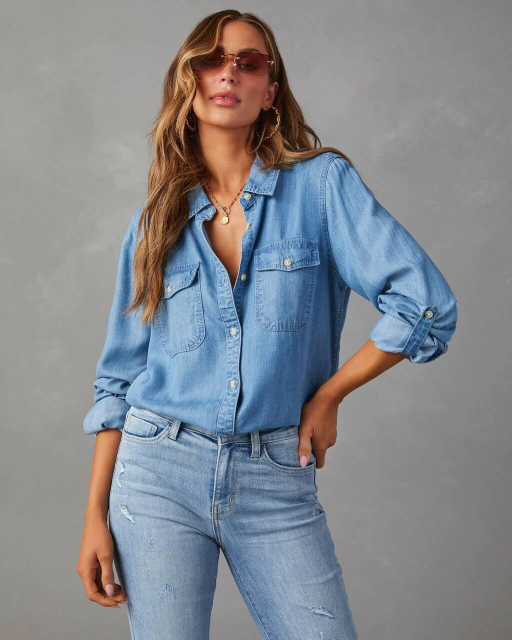 Dawna | Women's Long Sleeve Button Front Denim Shirt