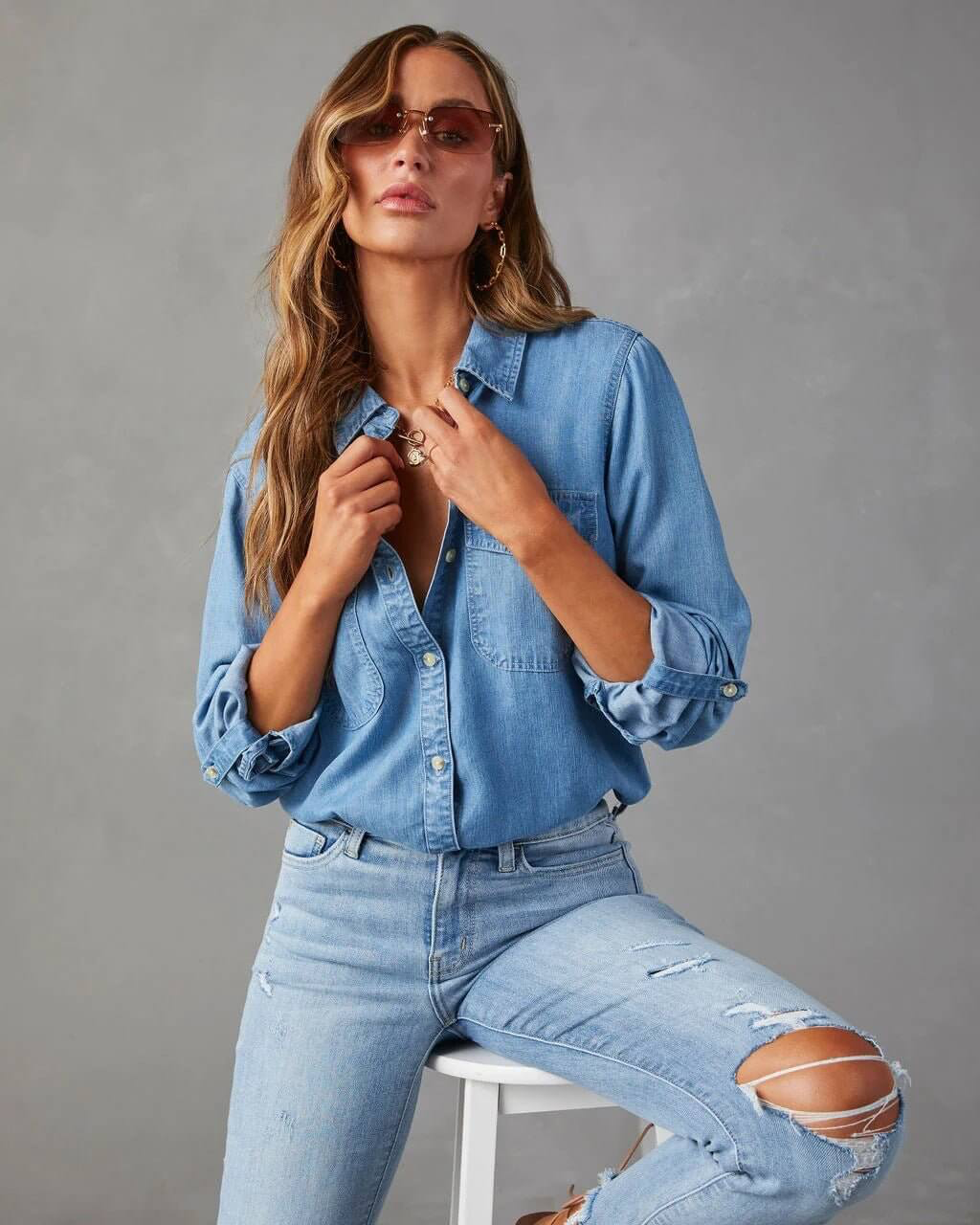 Dawna | Women's Long Sleeve Button Front Denim Shirt