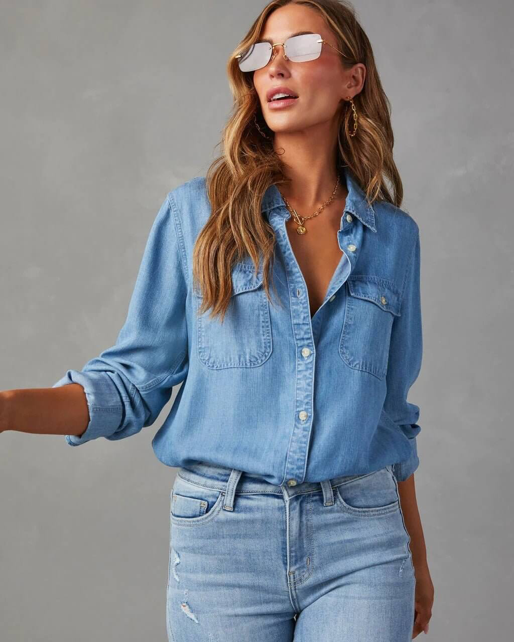 Dawna | Women's Long Sleeve Button Front Denim Shirt
