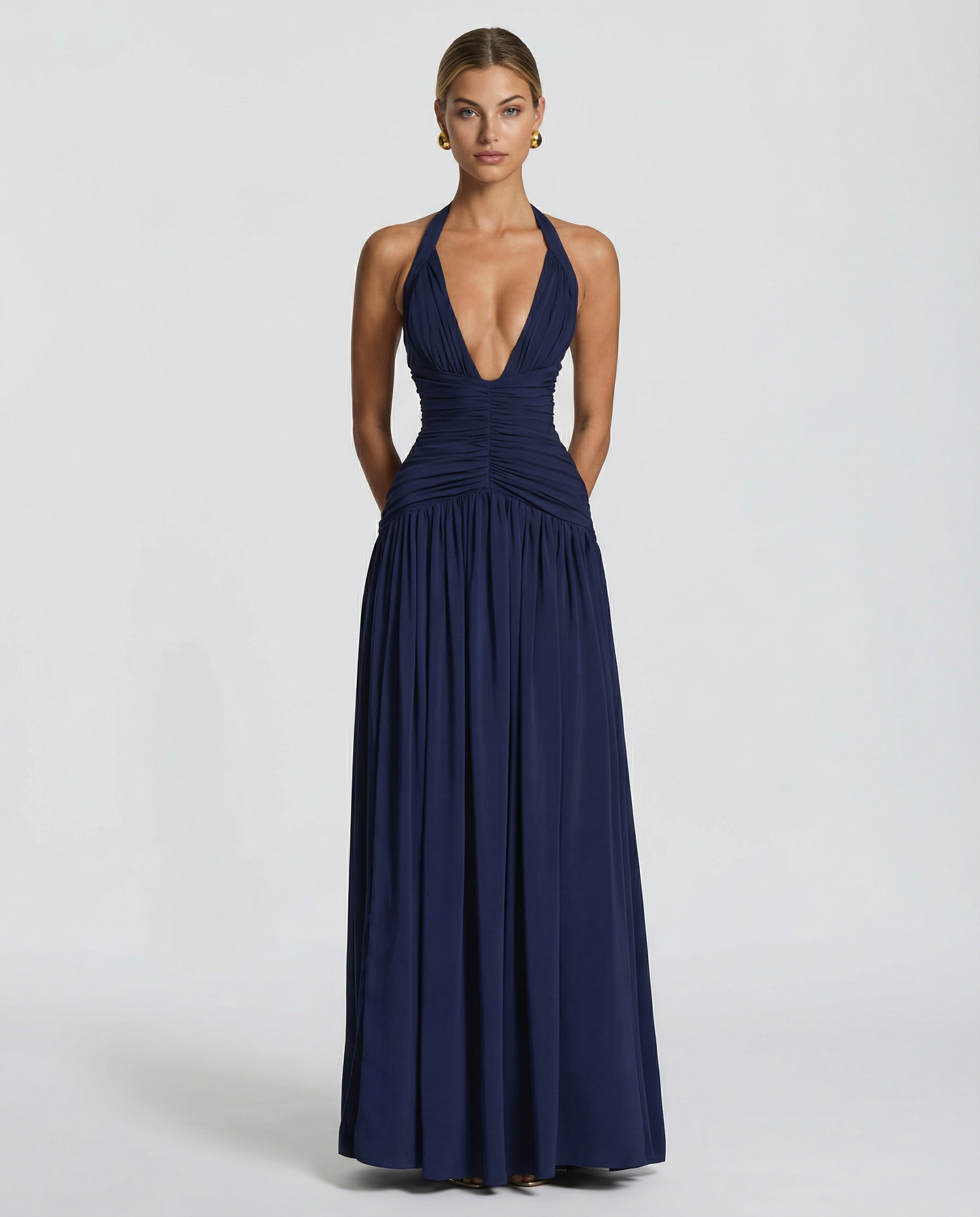 Daylene | Women's Halter V Neck Ruched Maxi Dress