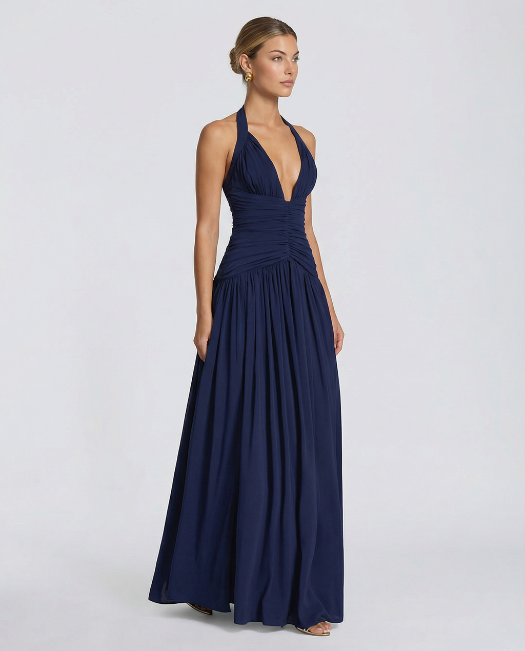 Daylene | Women's Halter V Neck Ruched Maxi Dress
