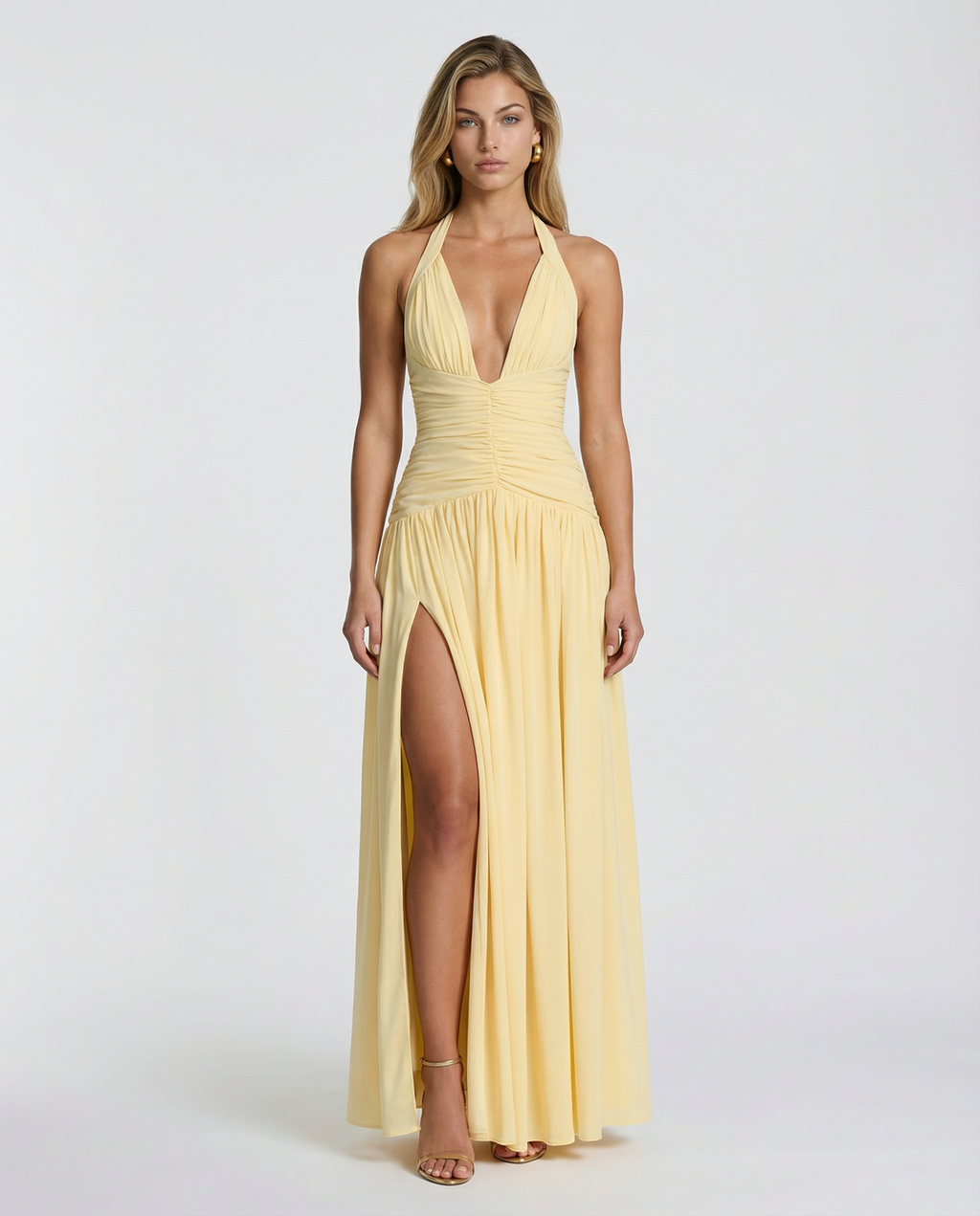Daylene | Women's Halter V Neck Ruched Maxi Dress