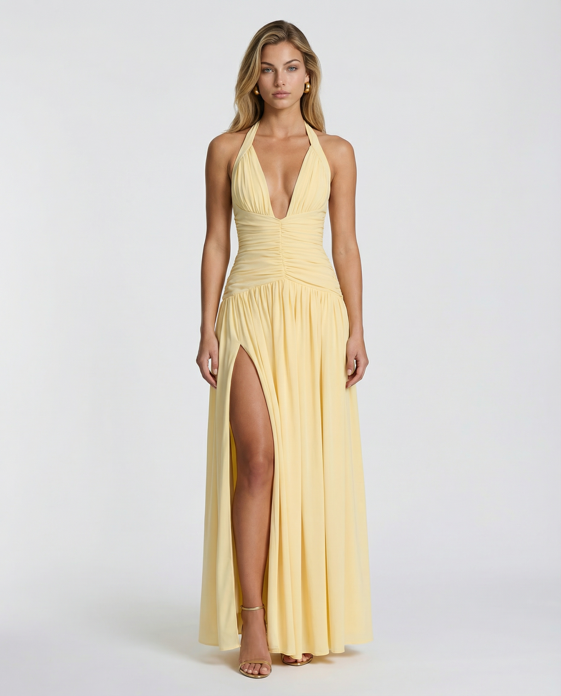 Daylene | Women's Halter V Neck Ruched Maxi Dress