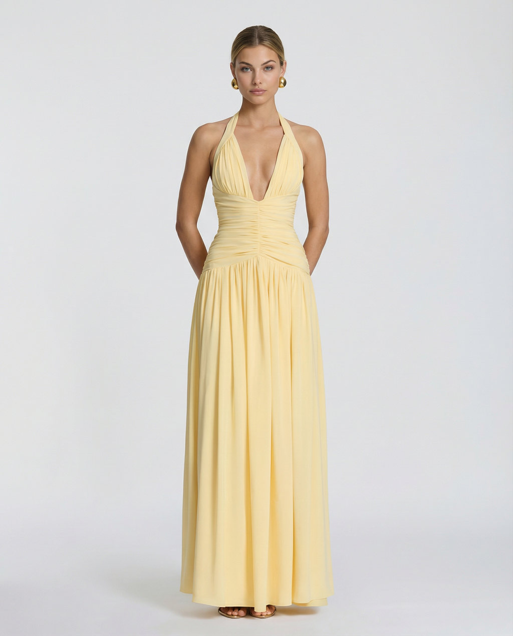 Daylene | Women's Halter V Neck Ruched Maxi Dress