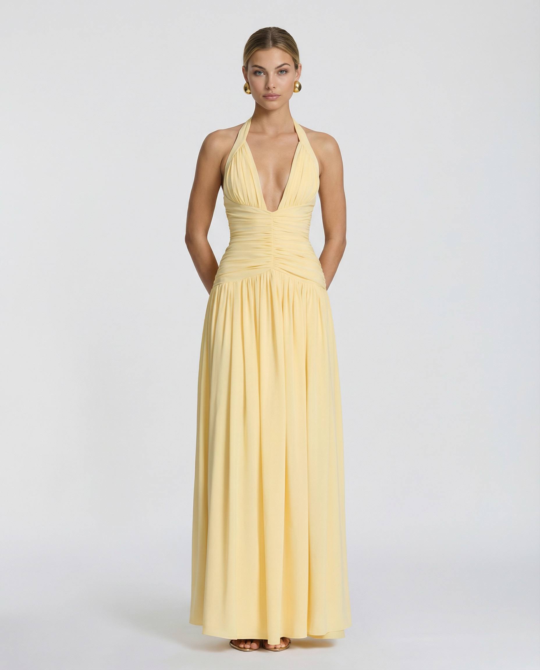 Daylene | Women's Halter V Neck Ruched Maxi Dress